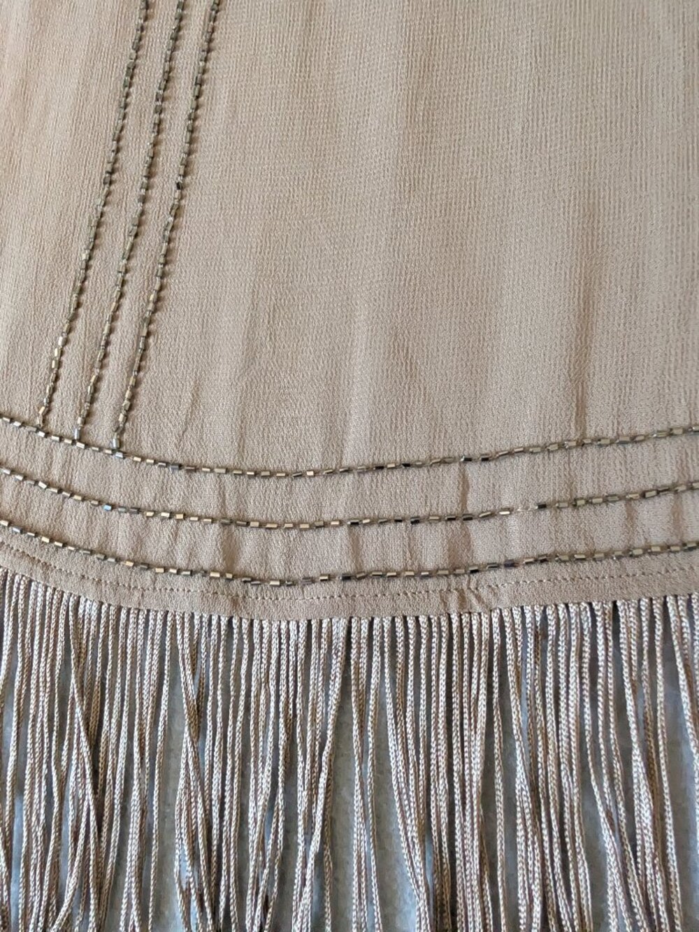 Chan Luu Beaded Maxi Dress Cardigan Set Tan Chiffon Fringe Racerback Slit L - Picture 13 of 16